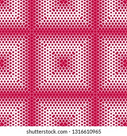 Vector geometric halftone seamless pattern with small fading shapes, curved lines. Red and beige background with radial gradient transition effect in square form. Abstract texture. Repeating design