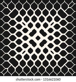 Vector geometric halftone seamless pattern with fading shapes, petals, leaves. Black and white abstract background texture with gradient transition effect in square form. Monochrome repeated design 