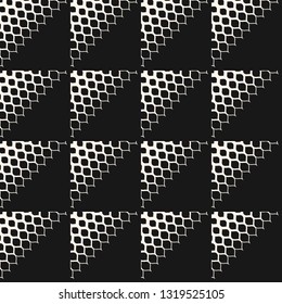 Vector geometric halftone seamless pattern with small shapes, petals, leaves, repeat tiles. Stylish monochrome background with gradient transition effect in corners. Black and white minimal design 