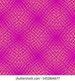 Vector geometric halftone seamless pattern with dash lines, crossing shapes, mesh, grid. Sport style abstract background in vibrant colors, magenta and orange. Modern colorful design. Repeat texture