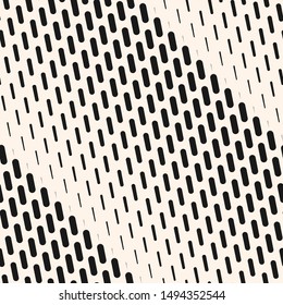 Vector geometric halftone seamless pattern with vertical dash lines, fading stripes. Diagonal gradient transition effect. Extreme sport style background. Abstract black and white repeatable texture