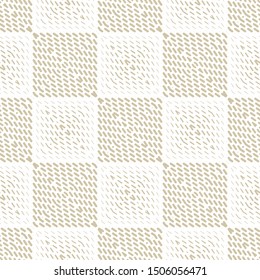 Vector geometric halftone seamless pattern with small diagonal lines, stripes in square tiles. Gold and white background. Abstract golden texture. Luxury repeated design for decor, wallpapers, covers