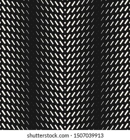 Vector geometric halftone seamless pattern with diagonal dash lines, fading stripes, chevron. Gradient transition effect. Sport style background. Abstract black and white texture. Stylish dark design