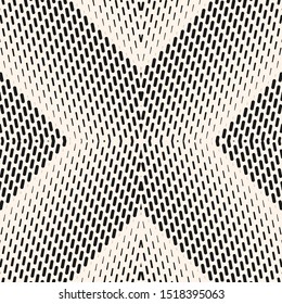 Vector geometric halftone seamless pattern with small lines, fading stripes in cross shape. Gradient transition effect. Sport style background. Abstract black and white texture. Monochrome design