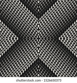 Vector geometric halftone seamless pattern with small lines, fading stripes in cross shape. Gradient transition effect. Sport style background. Abstract black and white texture. Dark monochrome design