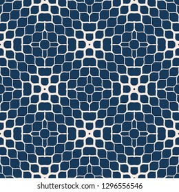 Vector geometric halftone texture. Abstract seamless pattern with gradient transition effect, small shapes, mesh, petals, ripple surface. Deep blue and beige minimal repeat background. Modern design