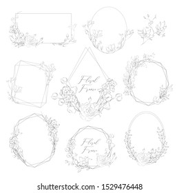Vector Geometric Hand Drawn Floral Frames and Wreaths Collection, with Plants, Branches, Laurels, Flowers. Design Elements Illustration