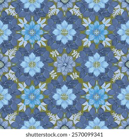 A vector, geometric, hand drawn floral seamless patterns of monochromatic blu flowers on a neutral, changeable color olive green background. Perfect for curtains, tableware, dresses, scarves, product