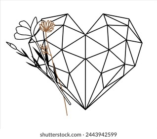 Vector corazón geométrico en estilo polígono decorado por flores silvestres, logo geométrico del corazón floral, ilustración facetada del corazón floral, diseño para tarjeta postal, tarjeta de visita y para el día de san valentín