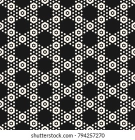 Vector geometric hexagon seamless pattern. Abstract black and white honeycomb texture with small hex shapes in hexagonal grid. Simple modern monochrome background. Stylish minimal dark design element