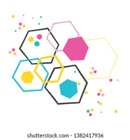 Vector geometric hexagon shapes design element. Abstract burst motion motif. Overlay artistic illustration for trendy business cards, greetings, stationery. Colorful modern confetti graphic structure.