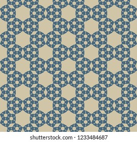 Vector geometric hexagons seamless pattern. Luxury blue and gold background. Simple vector texture with abstract floral silhouettes, rhombuses, grid. Elegant repeat design for decor, wallpaper, fabric