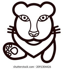 Vector geometric icon illustration of the wild life of a single animal, consisting of flowing lines. The cat has raised its paw on which the print is visible.