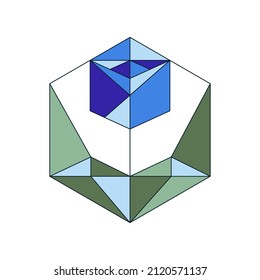 Vector geometric illustration of a blue poligonal tulip bud with leaves in a hexagon. Black line. White background. Logo style. Spring. Flower shop