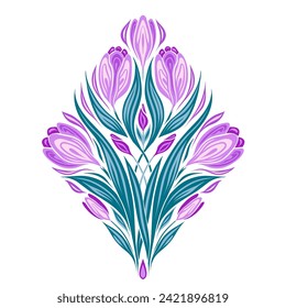 Vector geometric illustration of crocuses. Decorative clipart of spring flowers isolated from background. Floral symmetrical bouquet for stickers, illustrations.