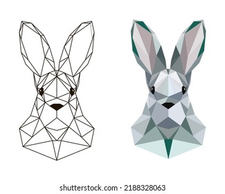 Vector geometric illustration of hare, rabbit. Abstract polygonal hare. Low poly rabbit. Head of a hare for coloring.