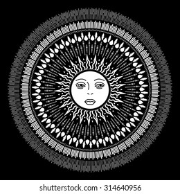 Vector geometric illustration of medieval sun. Alchemy symbol with eyes and face. Abstract occult and mystic sign. Linear logo and spiritual design. Concept of paganism, magic, religion, astrology