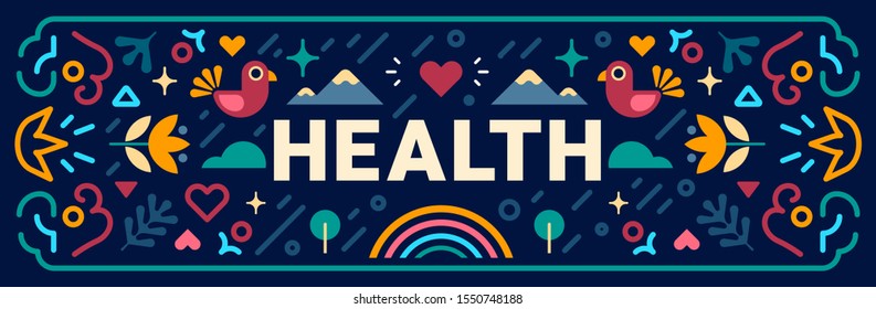Vector geometric illustration of nature with bird, flower, mountain, word on dark background. Flat style design with frame for web, site, banner, card