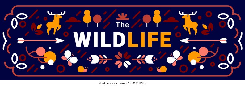 Vector geometric illustration of nature with deer, flower, arrow, word on dark background. Flat style design with frame for web, site, banner, card