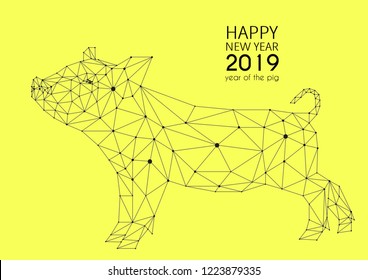 Vector geometric image of a pig on a yellow background. Low poly illustration. Happy New Year! 2019 year of the pig.