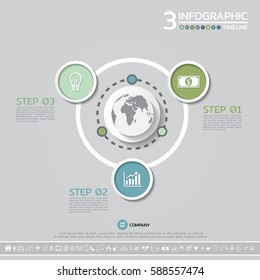 Vector geometric Infographics design template in 3 steps, options or processes for cycle diagram, graph, presentation and chart with icon set.