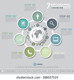 Vector geometric Infographics design template in 7 steps, options or processes for cycle diagram, graph, presentation and chart with icon set.