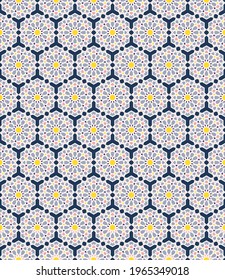 Vector geometric islamic or arabian star hexagon shape grid seamless pattern modern blue purple color background. Use for fabric, textile, interior decoration elements.