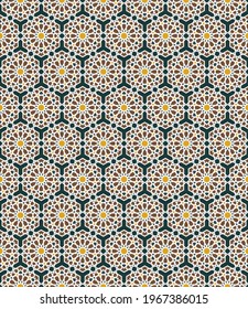 Vektor geometrisches islamisches oder arabisches Sternsechseckgitter Form nahtlose Muster traditionellen Farbhintergrund. Verwendung für Stoffe, Textilien, Dekorationselemente.
