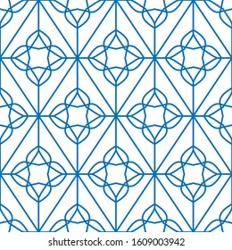 Vector geometric Islamic seamless pattern,  classic blue moroccan arabic minimal ornament, mono line grid, abstract linear simple vector background. Modern fashion, wallpaper texture, retro style.