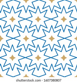 Vector geometric Islamic stars seamless pattern, classic blue moroccan arabic minimal ornament, mono line grid, abstract linear simple vector background. Modern wallpaper texture, retro style