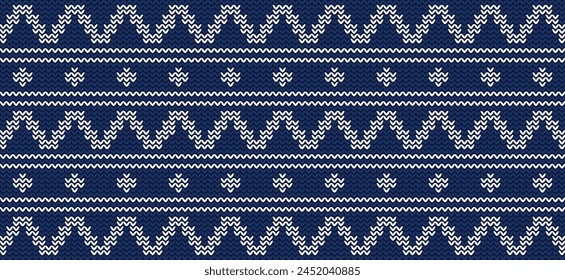 Vector Geometric Knitted Pattern Blue And White, Festive Sweater Design. Seamless Knitted Pattern