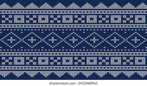 Vector Geometric Knitted Pattern Blue And White, Festive Sweater Design. Seamless Knitted Pattern