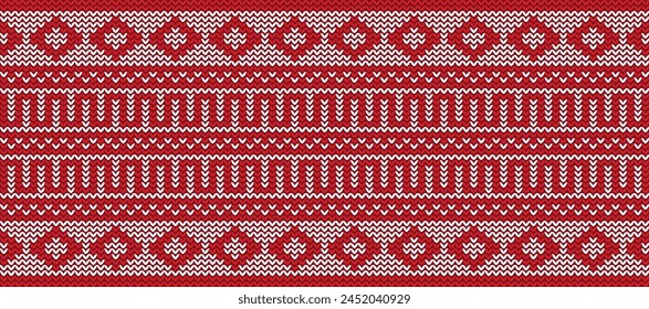 Vector Geometric Knitted Pattern Red And White, Festive Sweater Design. Seamless Knitted Pattern