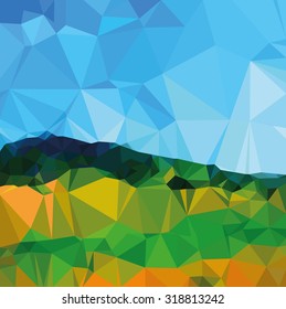 Vector geometric landscape with green mountains and blue sky, Modern 3D polygonal background design, abstract illustration