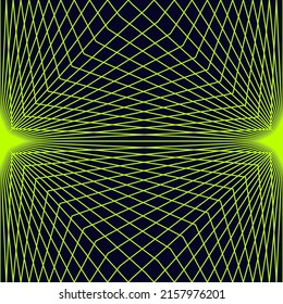 Vector geometric line pattern. Abstract  seamless texture with thin broken lines in distorted grid. Optical illusion effect. Trendy neon green an black background. Modern repeat funky geo design 