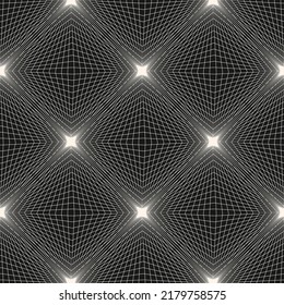 Vector geometric line pattern. Abstract seamless texture with thin broken lines in distorted cubic grid. Optical illusion effect. Modern black and white surface background. Op art. Repeat geo design