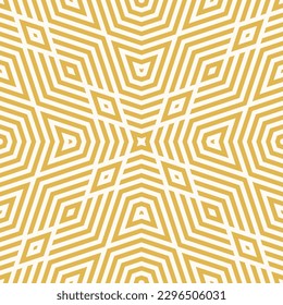 Vector geometric line pattern. Abstract seamless striped ornament. Simple retro vintage style texture with lines, rhombuses, arrows, octagons. Stylish funky yellow linear background. Repeat design