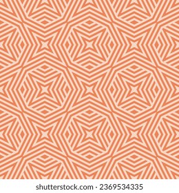 Vector geometric line pattern. Abstract seamless striped ornament. Simple orange color texture with stripes, lines, stars, octagons, chevron. Funky linear background. Modern retro style geo design