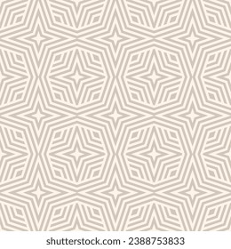 Vector geometric line pattern. Abstract seamless striped ornament. Simple elegant beige texture with stripes, lines, stars, octagons, chevron. Modern stylish linear background. Subtle repeat design