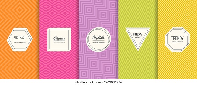 Vector geometric line seamless patterns collection. Set of bright colorful background swatches with modern labels. Cute abstract textures. Minimal design. Orange, pink, purple, green, yellow color