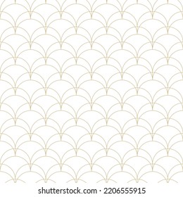 Vector geometric linear pattern. Art deco style background with thin curved lines, fish scale ornament, grid, lattice. Elegant gold and white abstract texture. Simple minimal golden design for decor