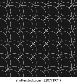 Vector geometric linear pattern. Art deco style seamless background with thin curved lines, fish scale ornament, diagonal grid, lattice. Black and white abstract texture. Dark repeat minimal design