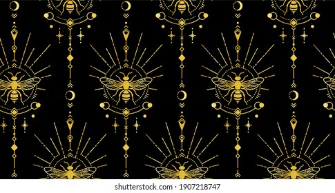 Vector geometric linear print of golden bee, moon, sun and stars on black background. Vintage mystical print from symbols.