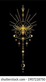 Vector geometric linear print of golden bee, moon, sun and stars on black background. Vintage mystical print from symbols.