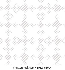 Vector geometric lines pattern. Abstract graphic ornament with diagonal stripes and small squares. Subtle white and gray texture. Modern urban background. Trendy repeat design for decor, prints, web