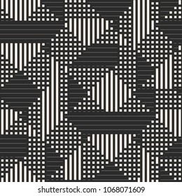 Vector geometric lines pattern. Abstract graphic background with stripes, squares, small elements, grid, lathing. Repeat monochrome texture. Modern linear geometry background. Stylish dark design