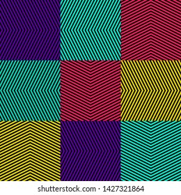 Vector geometric lines pattern. Abstract graphic striped ornament. Simple geometrical colorful stripes, zigzag shapes, chevron. Modern stylish linear background. Retro 80s - 90s fashion style design