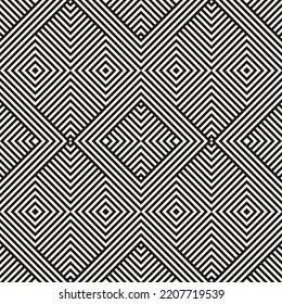 Vector geometric lines pattern. Abstract seamless striped ornament. Simple geometrical black and white stripes, squares, chevron. Modern stylish linear background. Repeat geo design for decor, print