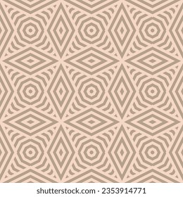 Vector geometric lines pattern. Abstract geometrical linear seamless background. Retro vintage 1960s - 1970s style graphic texture with stripes, lines, rhombuses, repeat tiles. Beige color geo design