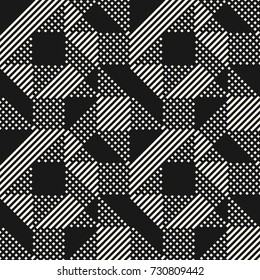 Vector geometric lines pattern. Abstract graphic ornament with stripes and squares. Black and white urban texture. Modern stylish linear background. Repeat design for decoration, prints, covers, cloth